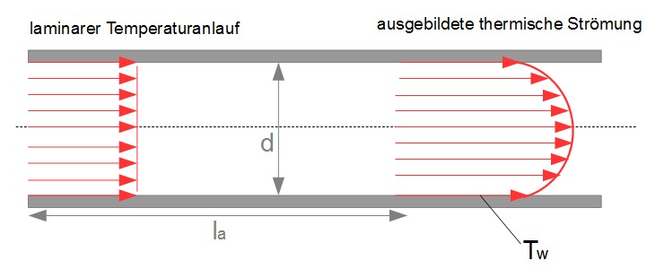 Rohrströmungen Temperaturanlauf, thermischer Anlauf, laminar