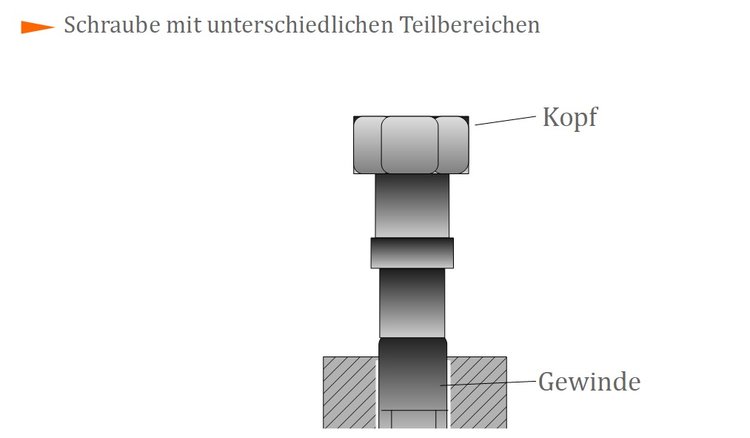 Schraube mit unterschiedlichen Teilbereichen Schraube mit unterschiedlichen Teilbereichen