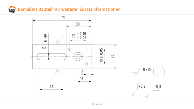 Bemaßtes Bauteil mit weiteren Zusatzinformationen